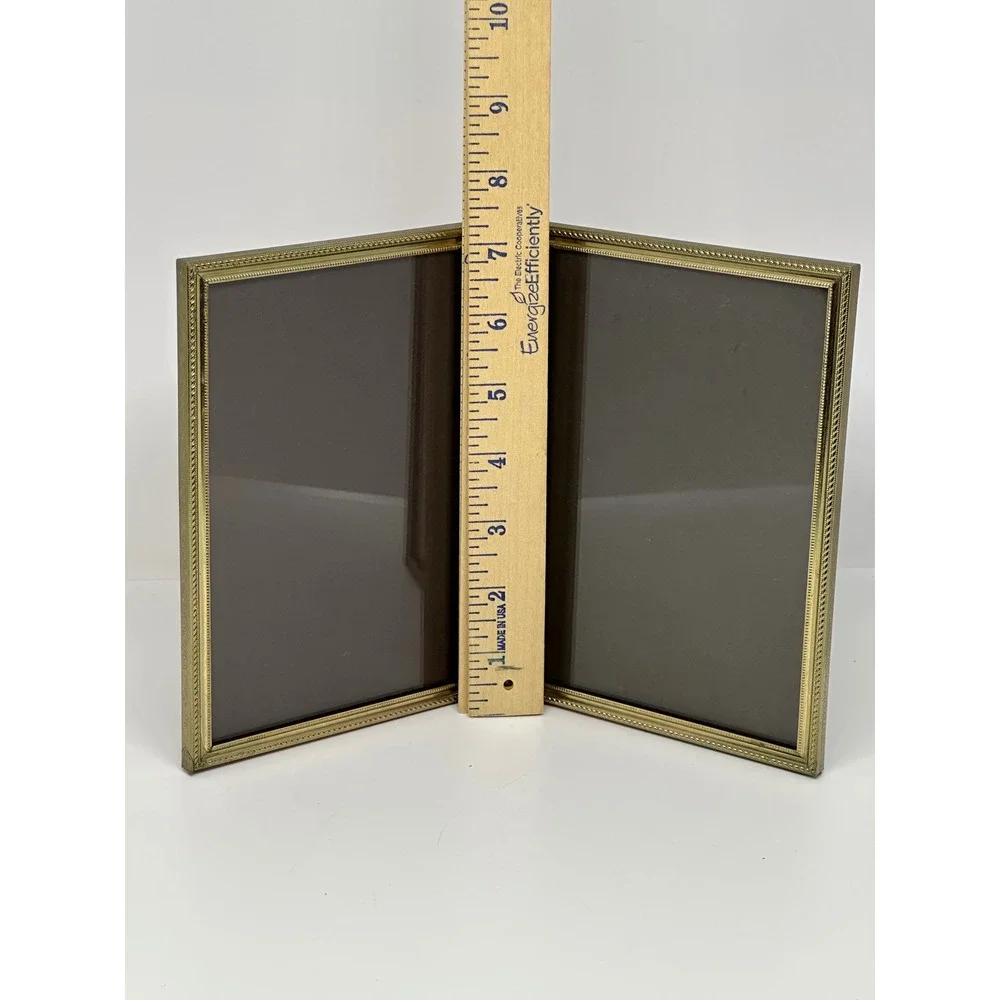 VTG Double Picture Frame Gold Metal‎ Hinged Folding Beaded Border Tabletop 5x7
